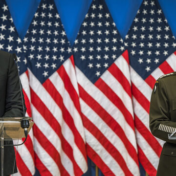 Secretary of Defense Lloyd J. Austin III and Chairman of the Joint Chiefs of Staff, Gen. Mark A. Milley answer questions during a press conference at NATO headquarters, Brussels, Belgium, Feb. 14, 2023. Austin hosted the ninth meeting of the Ukraine Defense Contact Group that brought together 54 countries for continuing discussions on support to Ukraine in its war with Russia. (DoD photo by Chad J. McNeeley)