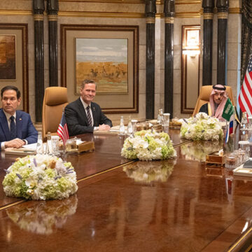 Secretary Marco Rubio, with from left, U.S. Middle East envoy Steve Witkoff, National Security Advisor Mike Waltz, Saudi Arabia