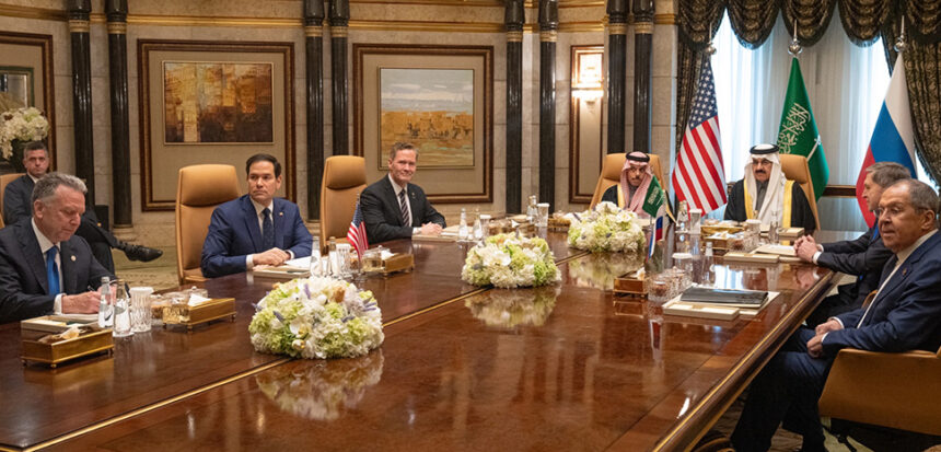 Secretary Marco Rubio, with from left, U.S. Middle East envoy Steve Witkoff, National Security Advisor Mike Waltz, Saudi Arabia