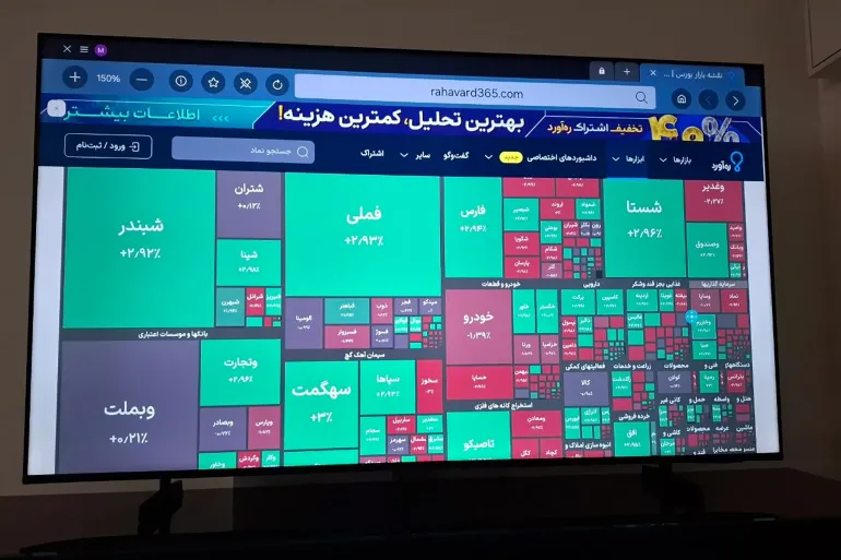 En skärm visar ett hav av grönt på Teheranbörsen. Marknaden slog historiska rekord och passerade fem miljoner poäng efter tillkännagivandet av avtalet mellan USA och Iran.