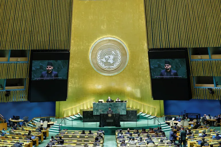 Nepals premiärminister Balendra Shah talar till FN:s 81:a generalförsamling vid FN:s högkvarter i New York City, USA, den 24 september 2026 [Eduardo Munoz/Reuters]