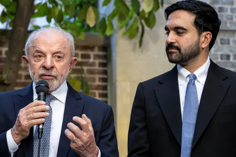 New Yorks borgmästare Zohran Mamdani och Brasiliens president Luiz Inacio Lula da Silva talar med reportrar efter ett möte i New York den 21 september 2026